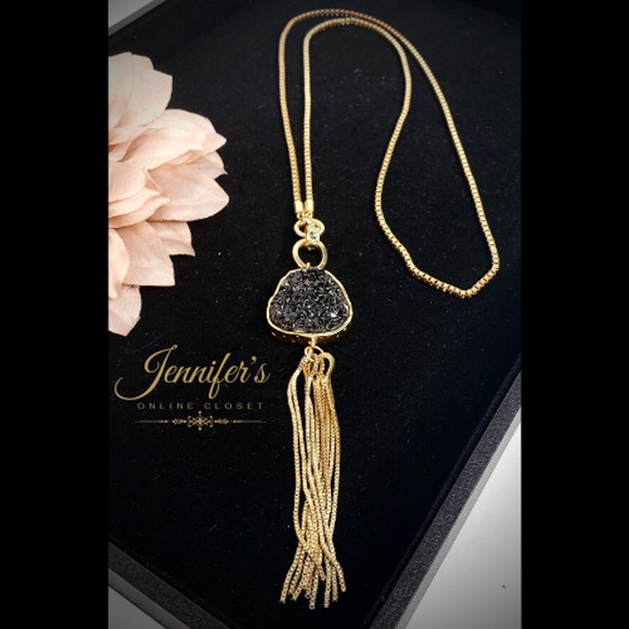 Unbranded Jewelry - 3/$25 Gold Tassel Black Druzy Pendant Necklace